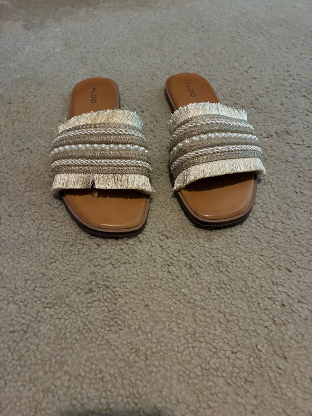 Aldo Metallic Fringe Beaded Slide Sandals - Tan and Champagne